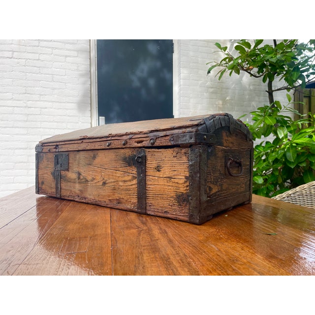 Antique French Wood Iron and Hide Chest For Sale - Image 3 of 15