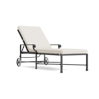 Brown Jordan Venetian Adjustable Chaise With Wheels, Textured Pewter frame with Fusion Natural fabric For Sale