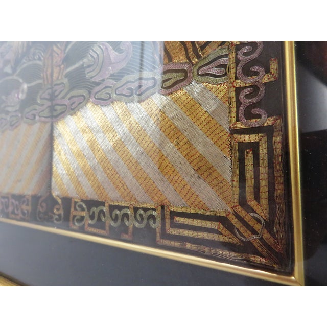 Gold Antique Pair of Qing Dynasty Chinese Embroidered Silk Buzi Civil Rank Badges ~ Gold Frame For Sale - Image 8 of 17