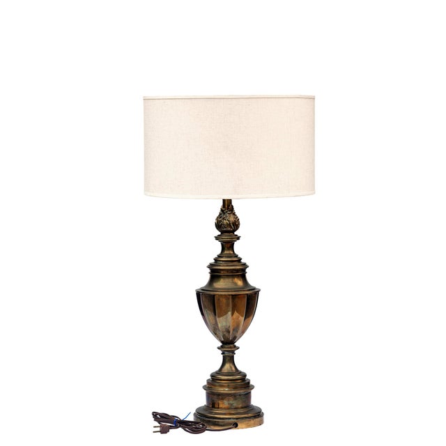 Neoclassical Midcentury Neoclassical Solid Brass Stiffel Lamp With Rh Linen Barrell Shade For Sale - Image 3 of 7