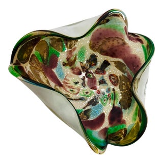 Large 1950s Avem Murano "Bizantino" Tutti Frutti Glass Bowl With Silver Leaf For Sale