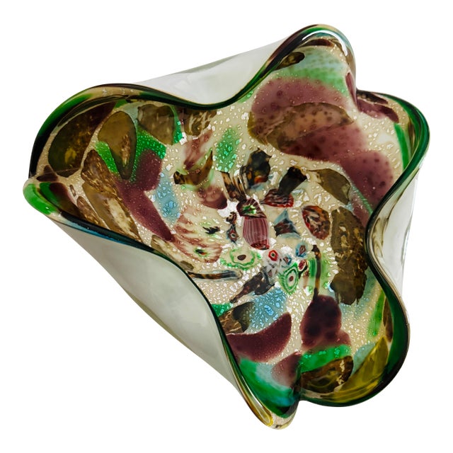 Large 1950s Avem Murano "Bizantino" Tutti Frutti Glass Bowl With Silver Leaf For Sale