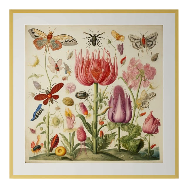 18" X 18" Framed 'Insects and Flowers' Botanical Print For Sale