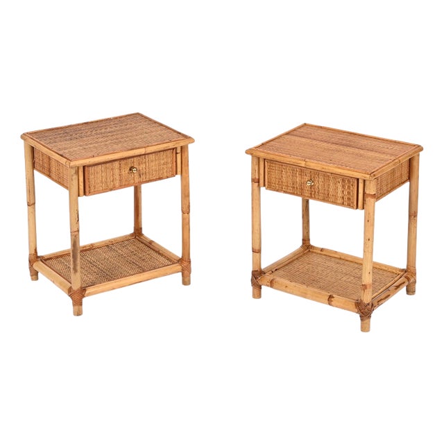 French Riviera Nightstands in Bamboo, Rattan and Brass, Italy, 1970s, Set of 2 For Sale