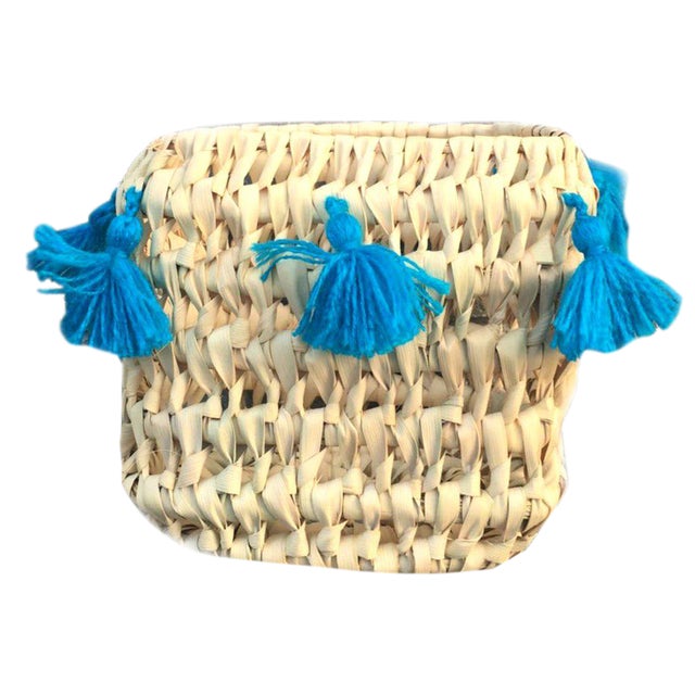 Moroccan Turquoise Tassel Basket For Sale