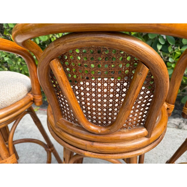 Wood Vintage Organic Modern Swivel Rattan Cane Bar Stools, Set of 3 For Sale - Image 7 of 12