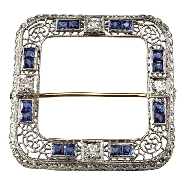 Mid 20th Century 14k Rhodium Finish Yellow Gold Sapphire and Diamond Filigree Brooch For Sale