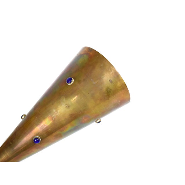 Metal Mid 20th Century Pedestal Solid Brass Vase with Inlaid Blue Stones Dotes For Sale - Image 7 of 8