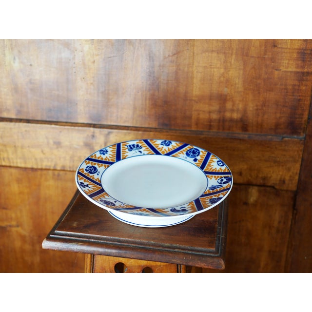 Ceramic 1950s French Orchies Moulin Des Loups Orange and Blue Cake Stand, Flower, Cloud and Fire Pattern For Sale - Image 7 of 11