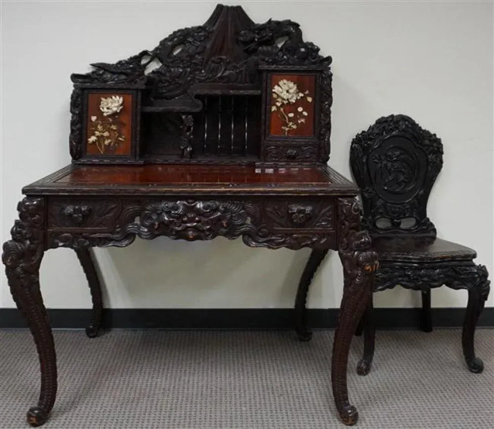 Early 20th Century Antique Japanese Stained Hinokiwood Desk and