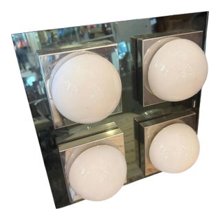 A 1970s Space Age Square Chromed Metal and Glass Italian Ceiling Light by Veca For Sale