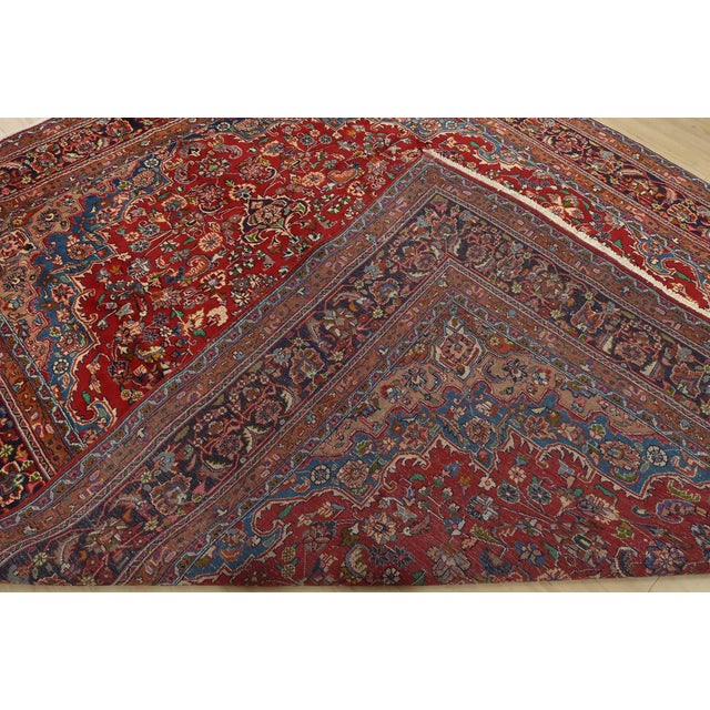 Mashad Rug 9’7” X 12’3” Red Wool Vintage Traditional Hand-Knotted Carpet For Sale - Image 13 of 14