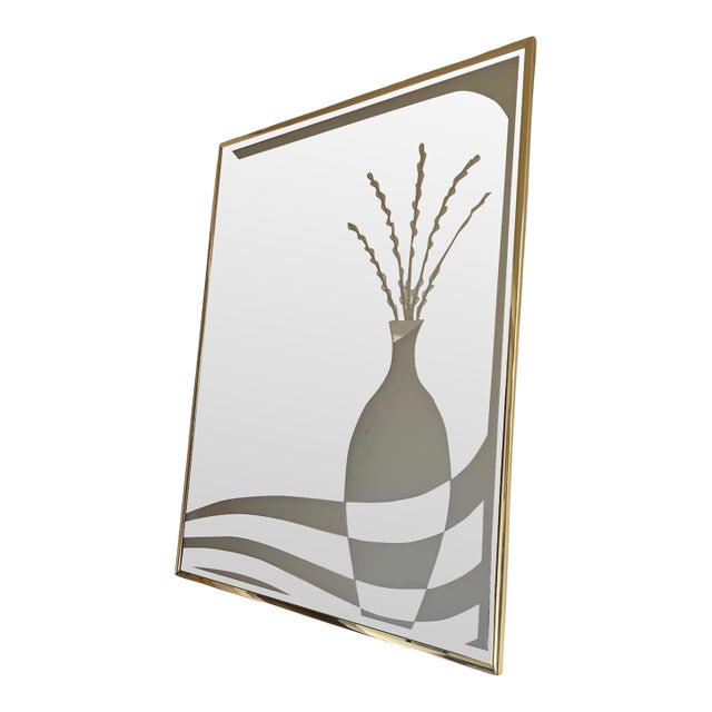 Postmodern 1980s Wall Art Mirror Gold Frame Bottle Decanter Vase Flowers 80s For Sale