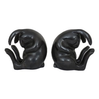 Pair of Bronze Slumbering Bunny Rabbit Bookends Mid Century Modern For Sale