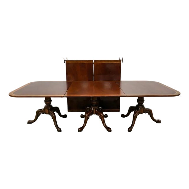 Antique Geogrian Style Three Triple Pedestal Base Inlaid Mahogany Dining Table With 2 Leaves For Sale