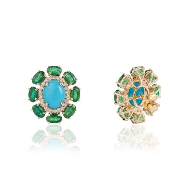 Metal Retro 6.53ct Turquoise Emerald & Diamond Floral Stud Earrings in 14k Gold- 2 Pieces For Sale - Image 7 of 16
