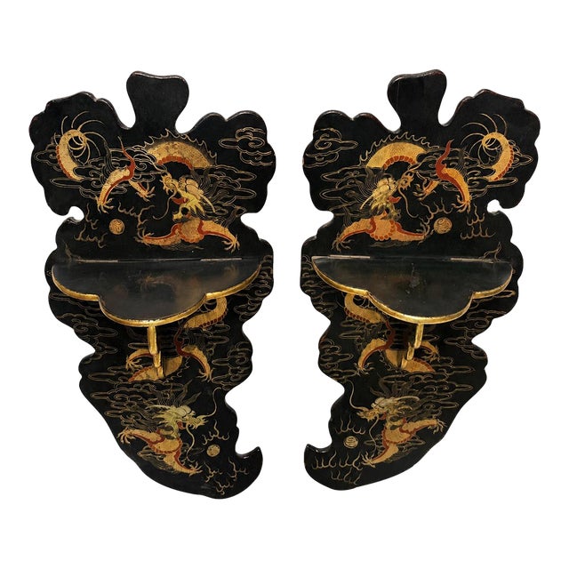 Pair of Japanese Meiji Period Dragon Lacquer Folding Wall Shelves For Sale