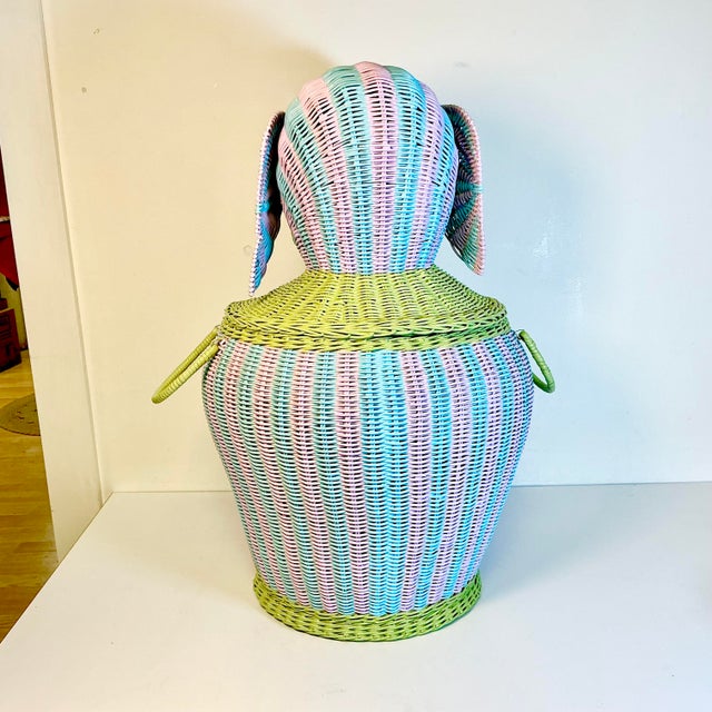 1997 Vintage Boho Chic Coastal Cabana Striped Wicker Elephant Basket Hamper, Signed Jen Lee For Sale - Image 11 of 17