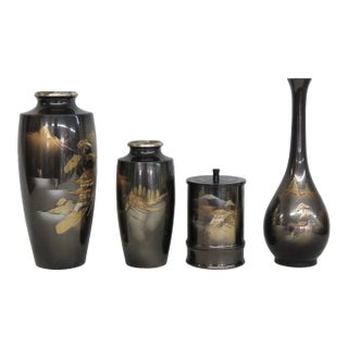 Japanese Mixed Metal Vessels Set of 4 Chokin Style Decorative Containers 5038b For Sale