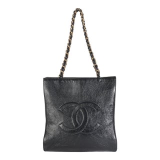 Black Shiny Aged Calfskin North South Shopping Bag For Sale