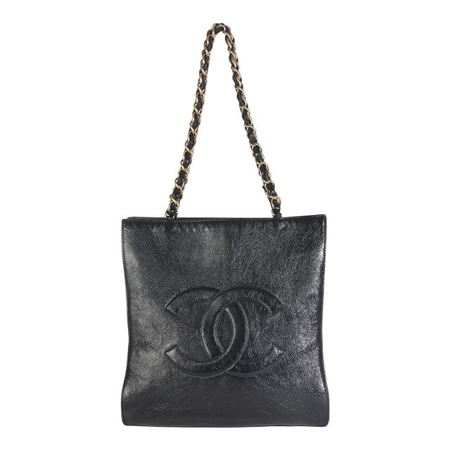 Black Shiny Aged Calfskin North South Shopping Bag For Sale