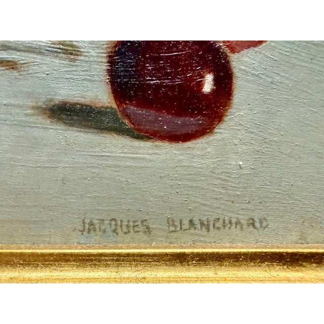 Beautiful original mid-century still life oil painting titled "Nature morte au verre et à la coupe de cerises" by...