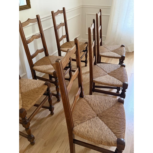 Textile Set of Six Vintage French Oak Rush-Seat Dining Chairs For Sale - Image 7 of 8
