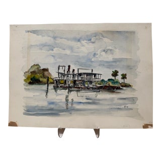 Henry Emil Salloch Original Watercolor on Paper Waterway and Mirror Reflections, 1948. For Sale