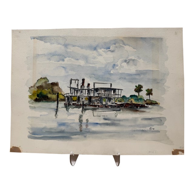 Henry Emil Salloch Original Watercolor on Paper Waterway and Mirror Reflections, 1948. For Sale