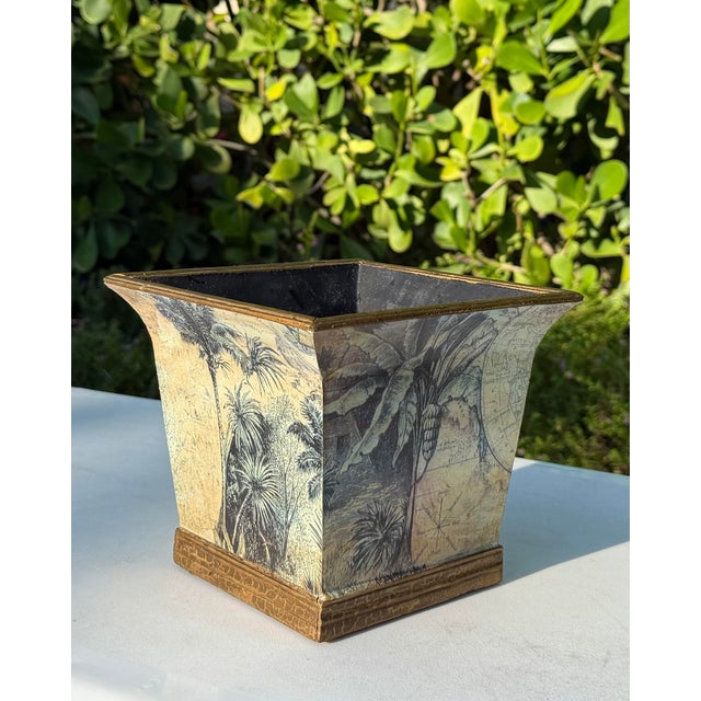 English Vintage British Colonial Botanical Decoupage Square Cachepot With Antiqued Gold Trim For Sale - Image 3 of 10