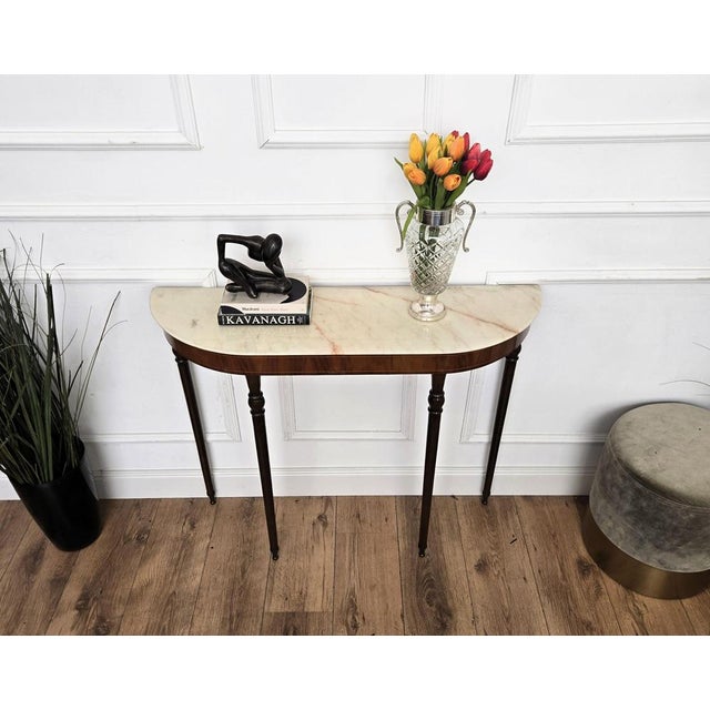 Mid-Century Italian Wooden Brass Console Table with Marble Top, 1950s For Sale - Image 4 of 8