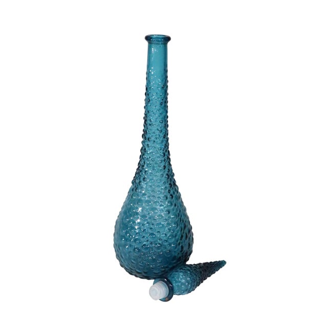 Vintage Empoli Genie Teal Blue Dimpled Bottle With Stopper Made in Italy C. 1960's For Sale - Image 9 of 12