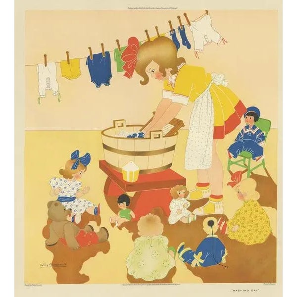 Antique print titled 'Washing Day'. This print depicts a child playing with her dolls, doing the laundry. Created by Willy...