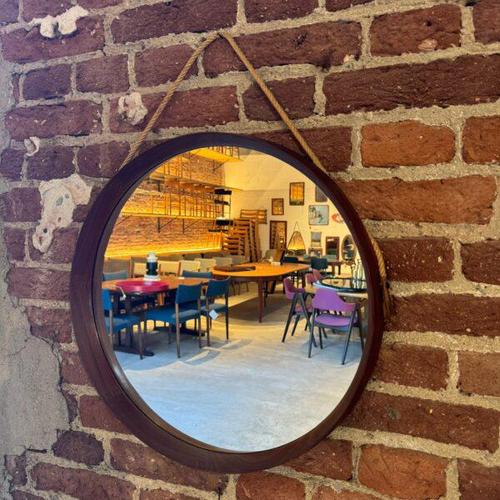 Vintage Round Mirror with Teak Frame For Sale - Image 5 of 6