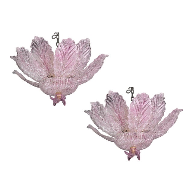Set of 2 Vintage Ballarò Italian Pink Murano Glass Leaves Ceiling Light or Flush Mount For Sale