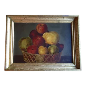 1830s American Empire Basket of Fruit and Apples Still Life Oil Painting