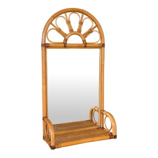 Vintage Coastal Boho Rattan Fan Back Wall Mirror With Woven Shelf For Sale