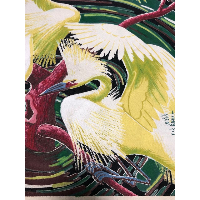 Restored Vintage 1949 Rattan Framed Crane Barkcloth Fabric Sample by Spectrum For Sale - Image 4 of 7