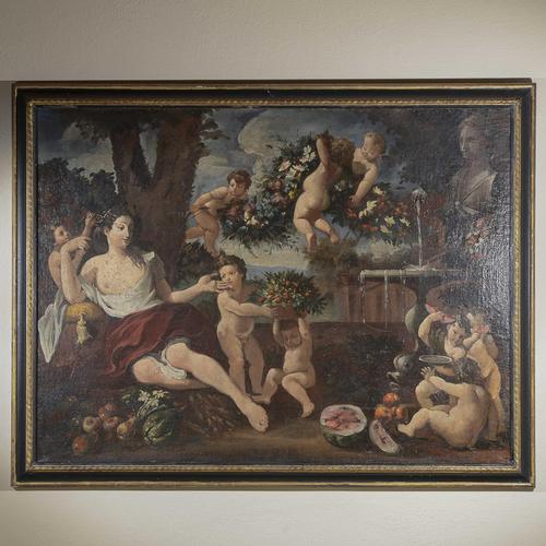 Textile Country Scene Lady with Cherubs, Oil on Canvas, Framed For Sale - Image 7 of 7
