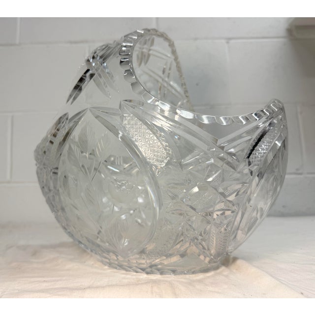 Large Vintage Hand Cut Clear Crystal Glass Flower Basket Centerpiece Bowl For Sale - Image 12 of 13