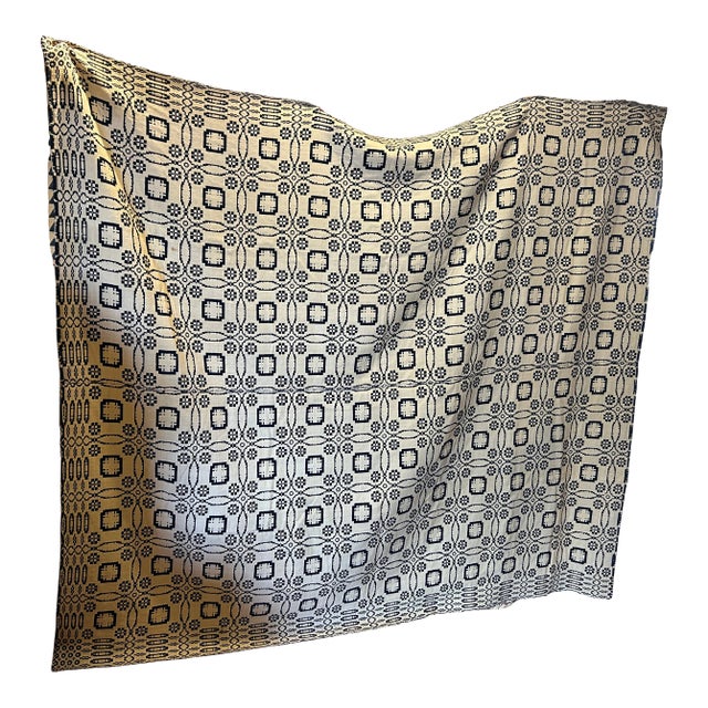 19th C Overshot Blue and White Coverlet For Sale