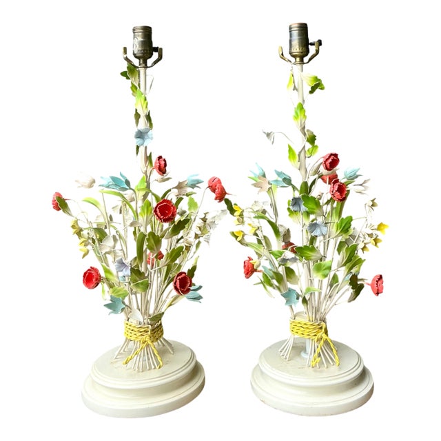 Vintage Floral Bouquet Tole Table Lamps - Pair For Sale