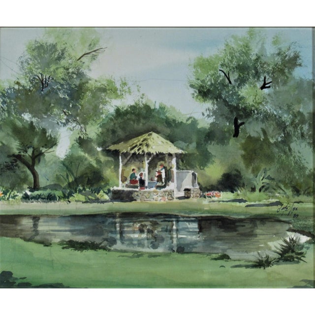 This artwork "The Gazebo" 1989 is a watercolor by noted Chinese/American artist Jake Lee, 1915-1991 It is signed and dated...