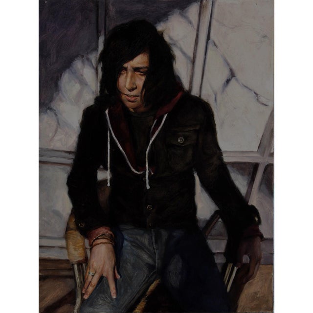 This oil painting depicts a figure seated in a contemplative pose, their expression conveying a sense of introspection and...