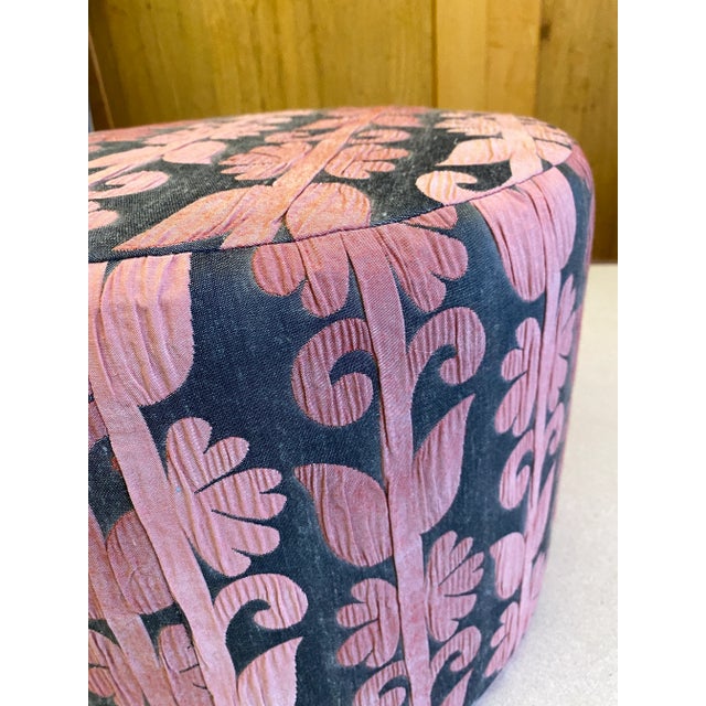 Helen Miller Studio Upholstered "Flora" Footstool, Pink and Grey Brocatelle For Sale - Image 4 of 6