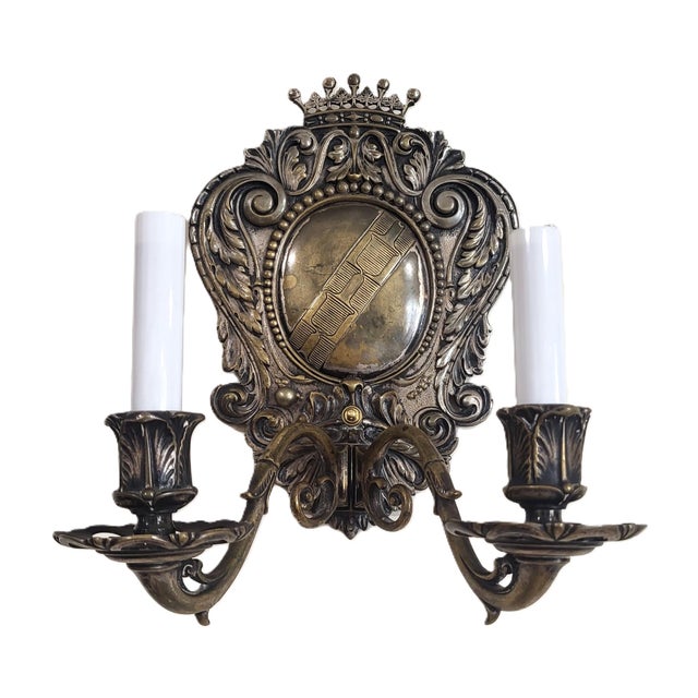 American Pair Antique American Coat of Arms Crown Silver Plate Bronze Wall Sconces C&A For Sale - Image 3 of 17