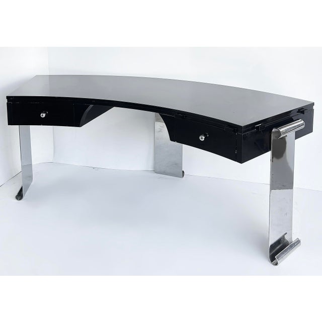 Leon Rosen 1980s Art Deco Style Lacquer, Stainless Steel Desk, Eugene Printz Style For Sale - Image 4 of 17