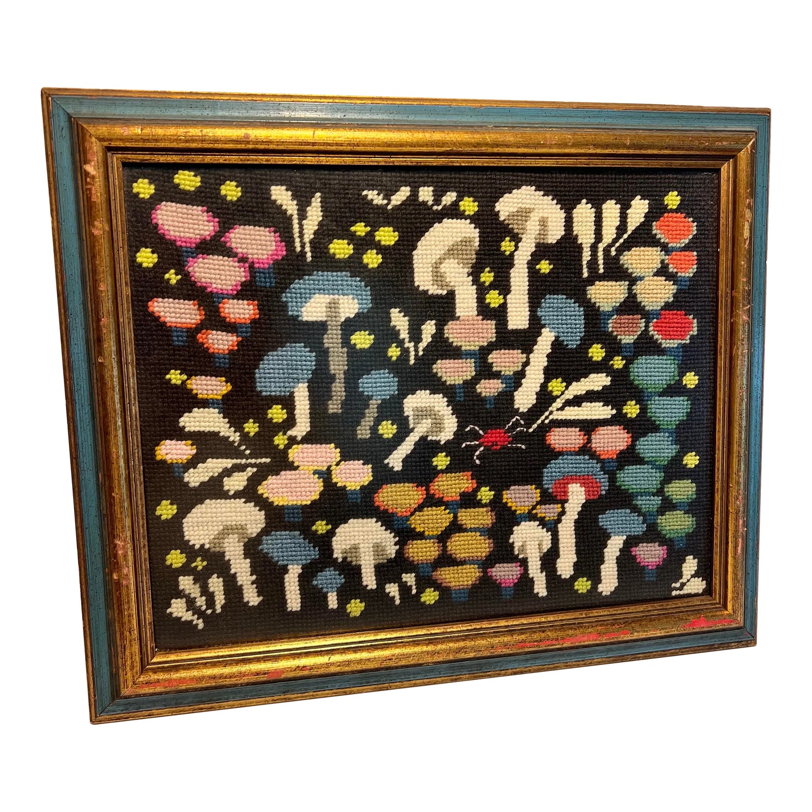 Vintage Mushroom Needlepoint in Gilt Frame | Chairish