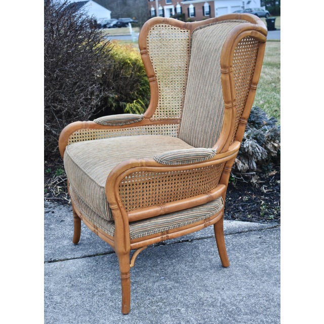 Tan Vtg. Ethan Allen Tommy Bahama Style Cane Wingback Chair W/Herringbone Fabric For Sale - Image 8 of 13
