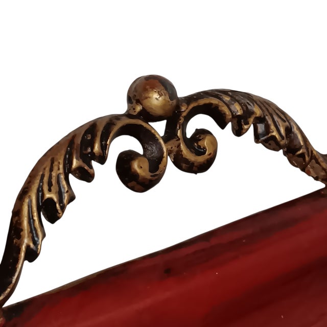 1990s Large Metal Serving Tray Cranberry Red and Gold Leaf Vine Design Ornate Handles For Sale - Image 5 of 18